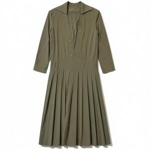 Vintage Silk Drop Waist Dress Womens 6 Olive Green Pleated 3/4 Sleeve Midi